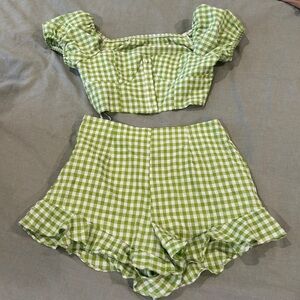 Green gingham crop button up top and ruffle high waist short set